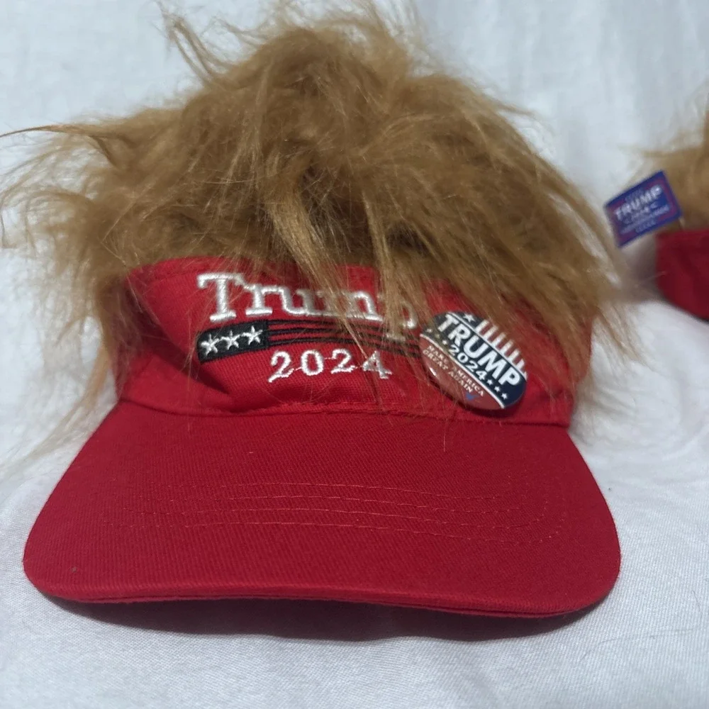 Lot Of 2 President Donald TRUMP Red Trumpy Visor Hat w/Gold Hair Golf Cap Wig